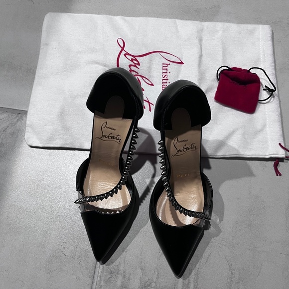 Christian Louboutin Spike Cross 100 Black PVC Silver Criss Strap Heel Pump 35.5 - Picture 2 of 9